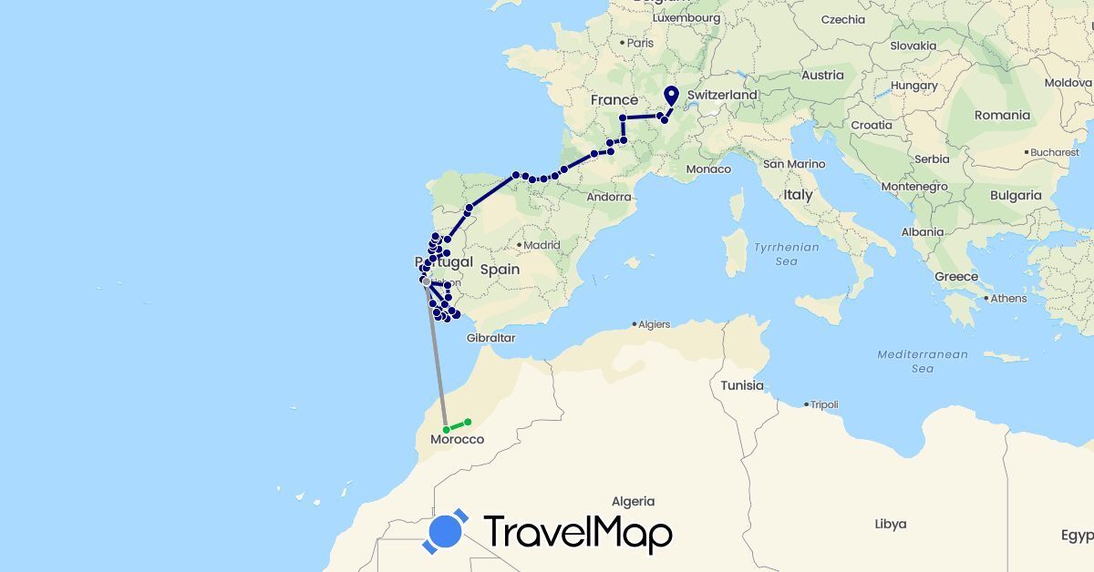 TravelMap itinerary: driving, bus, plane in Spain, France, Morocco, Portugal (Africa, Europe)